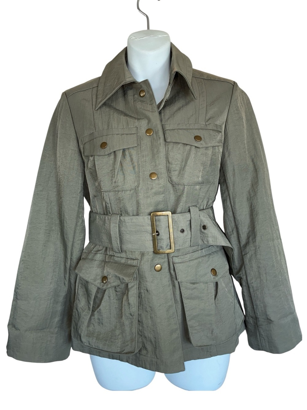 J. Jill Safari Jacket, women's, XSP, Olive Tan, EUC, belt, pockets, rain flap,